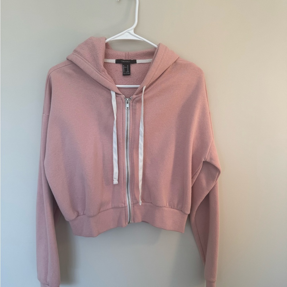 Forever 21 Pink Cropped Zip-Up Hoodie